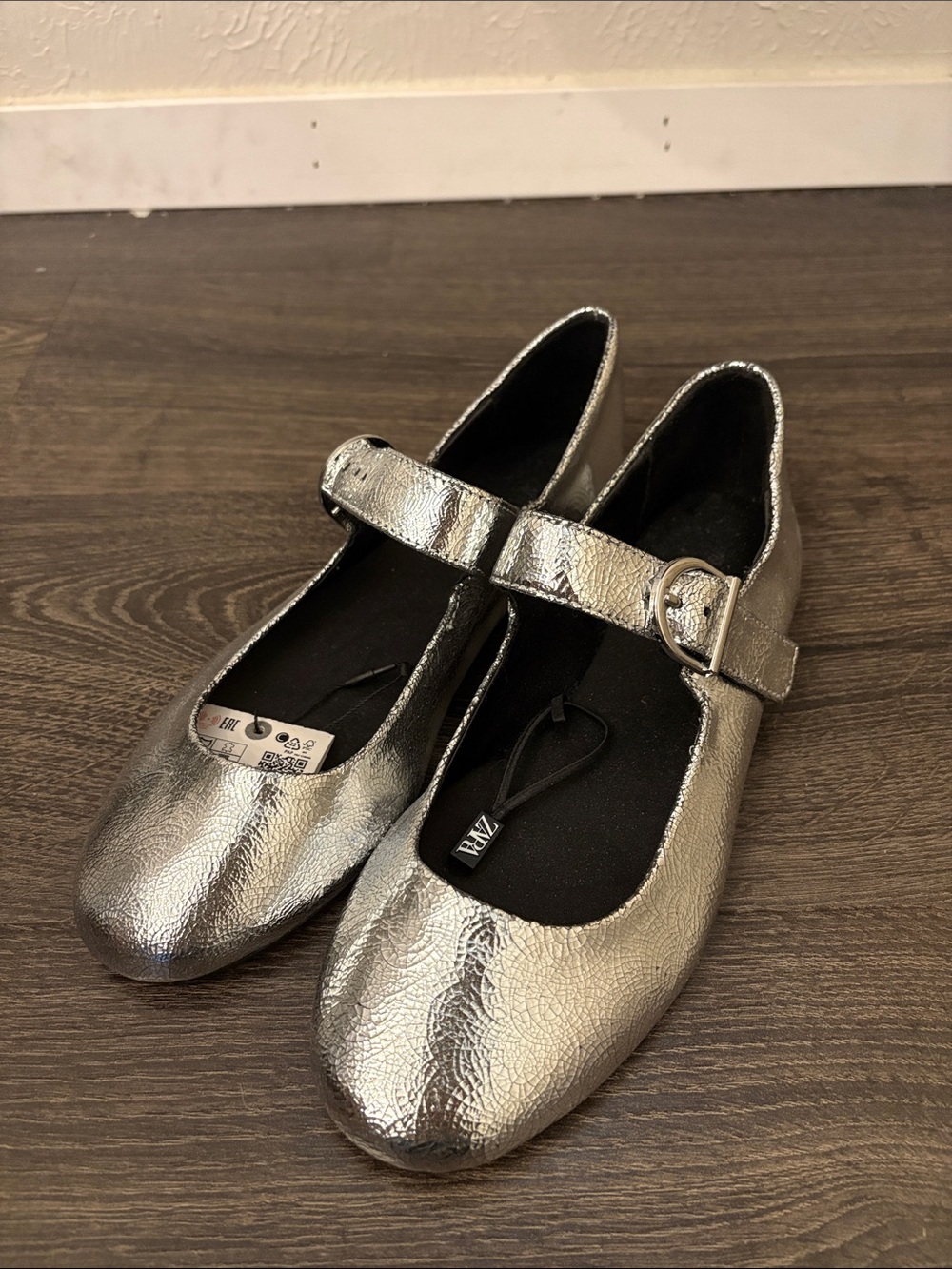 NWT Zara Silver Flats with Buckle